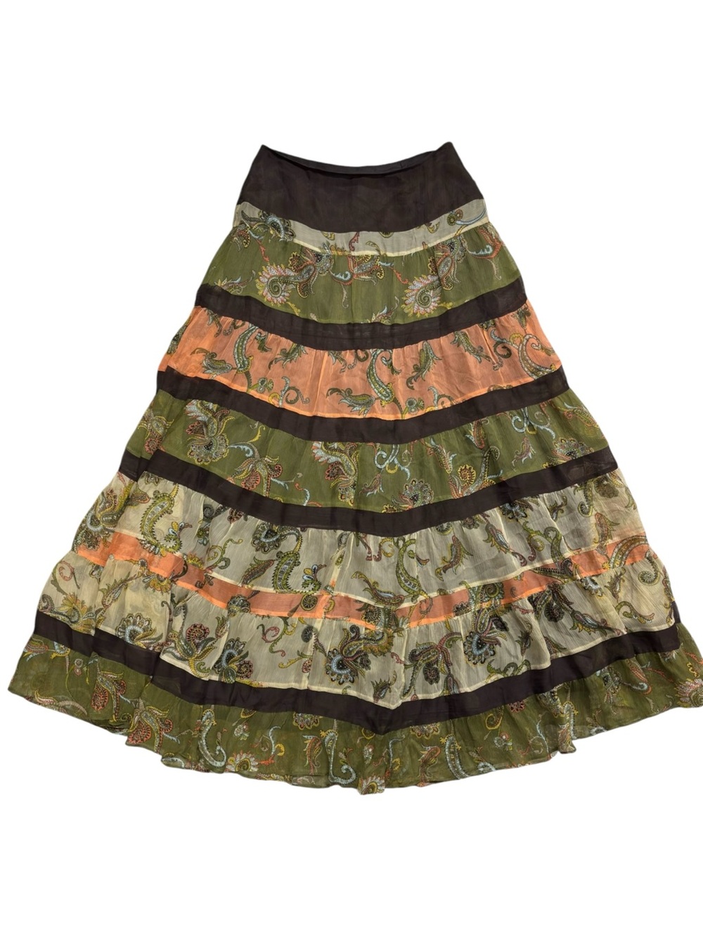 Laundry by Shelli Segal | Y2K 100% Silk Green Orange Floral Tiered Maxi Skirt - Picture 2 of 5